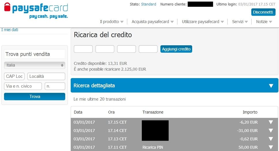 deposito e il prelievo sul conto di gioco paysafecard